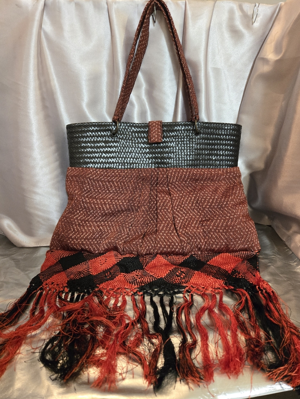 Black Woven Straw Bag With Red & Black Check Fringed Ends - Picture 3 of 10